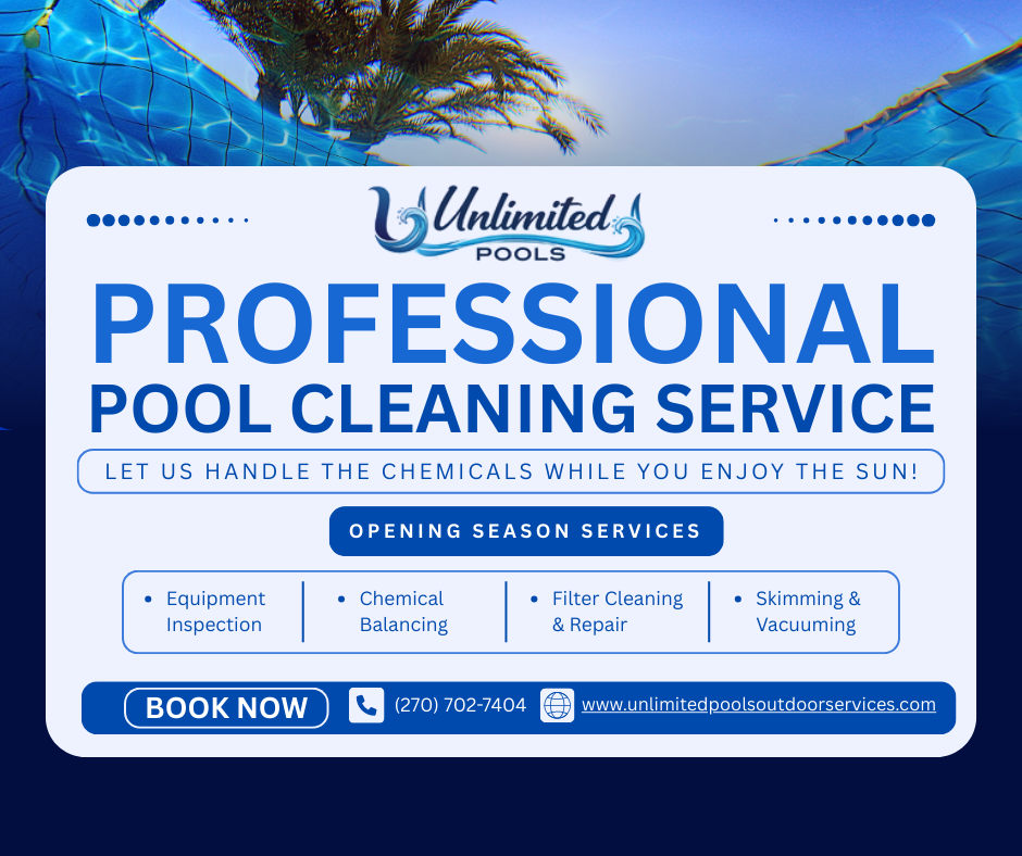Pool cleaning service social media advertisement with booking call-to-action for Unlimited Pools