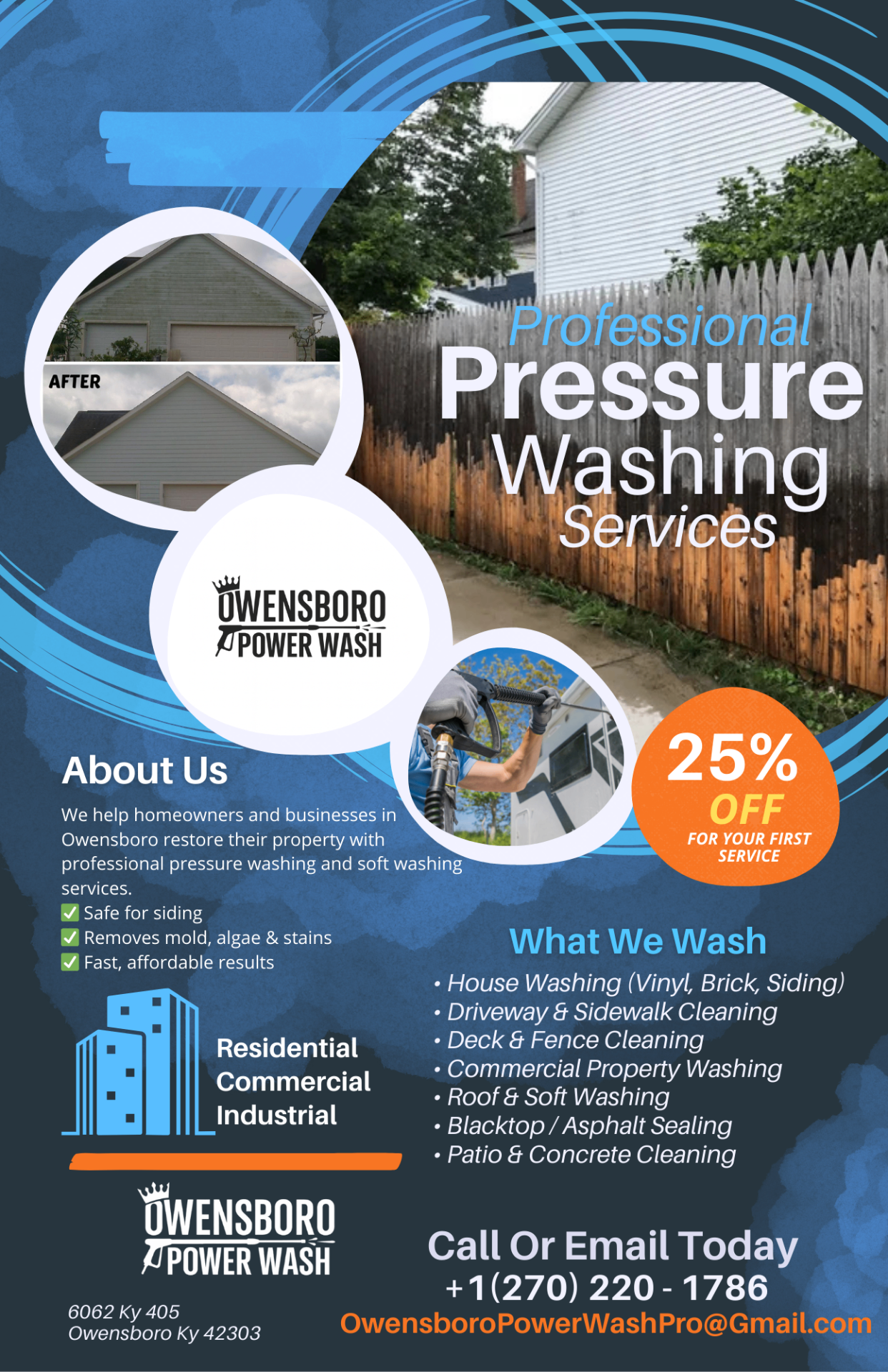 Professional pressure washing flyer with before-and-after photos designed for Owensboro Power Wash Pros