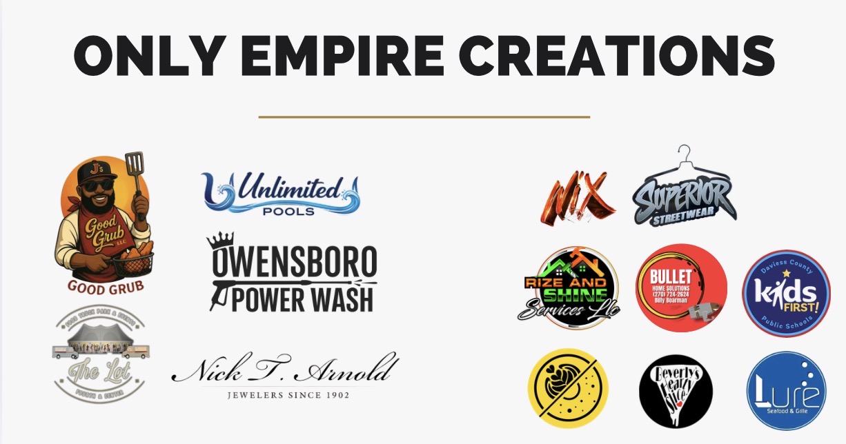 Client logos created by Only Empire Creations — J's Good Grub, Unlimited Pools, Owensboro Power Wash, The Lot, Nick T. Arnold Jewelers, Rize and Shine Services, and more Owensboro brands
